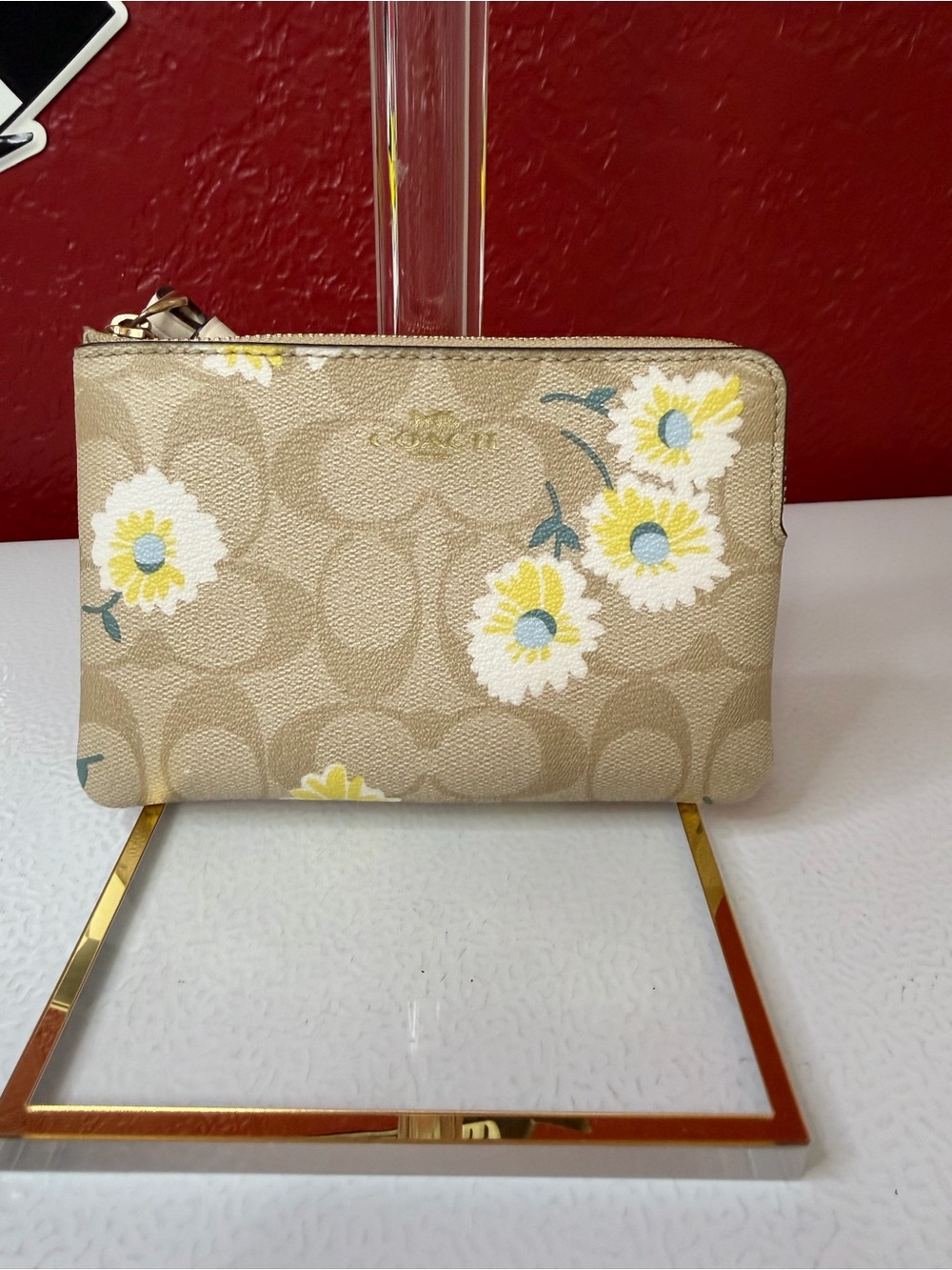Coach Beige Signature Floral Zip Wristlet with Yellow & White Flowers